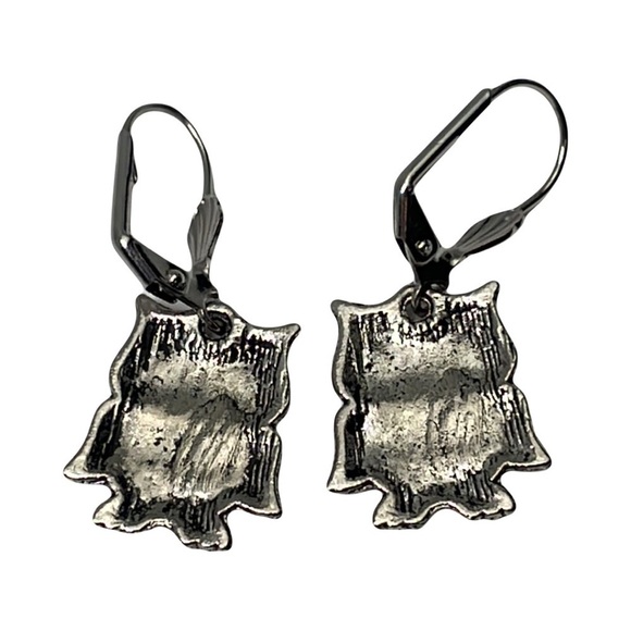 Vintage French Lever Back Owl Earrings Dangle - Picture 2 of 5